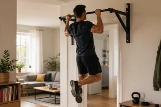 Homme réalisant une traction sur une barre murale dans un espace de sport à domicile