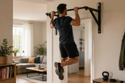 Homme réalisant une traction sur une barre murale dans un espace de sport à domicile